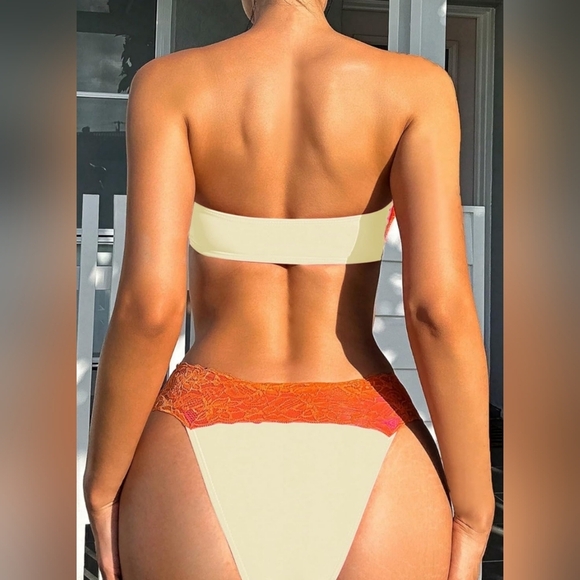 NEW Boho Butterly Orange and Cream Lace Bandeu Summer Bikini-(#1,462) - Picture 2 of 6